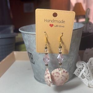Handmade Shell and Bead Earrings - Pink and Gold